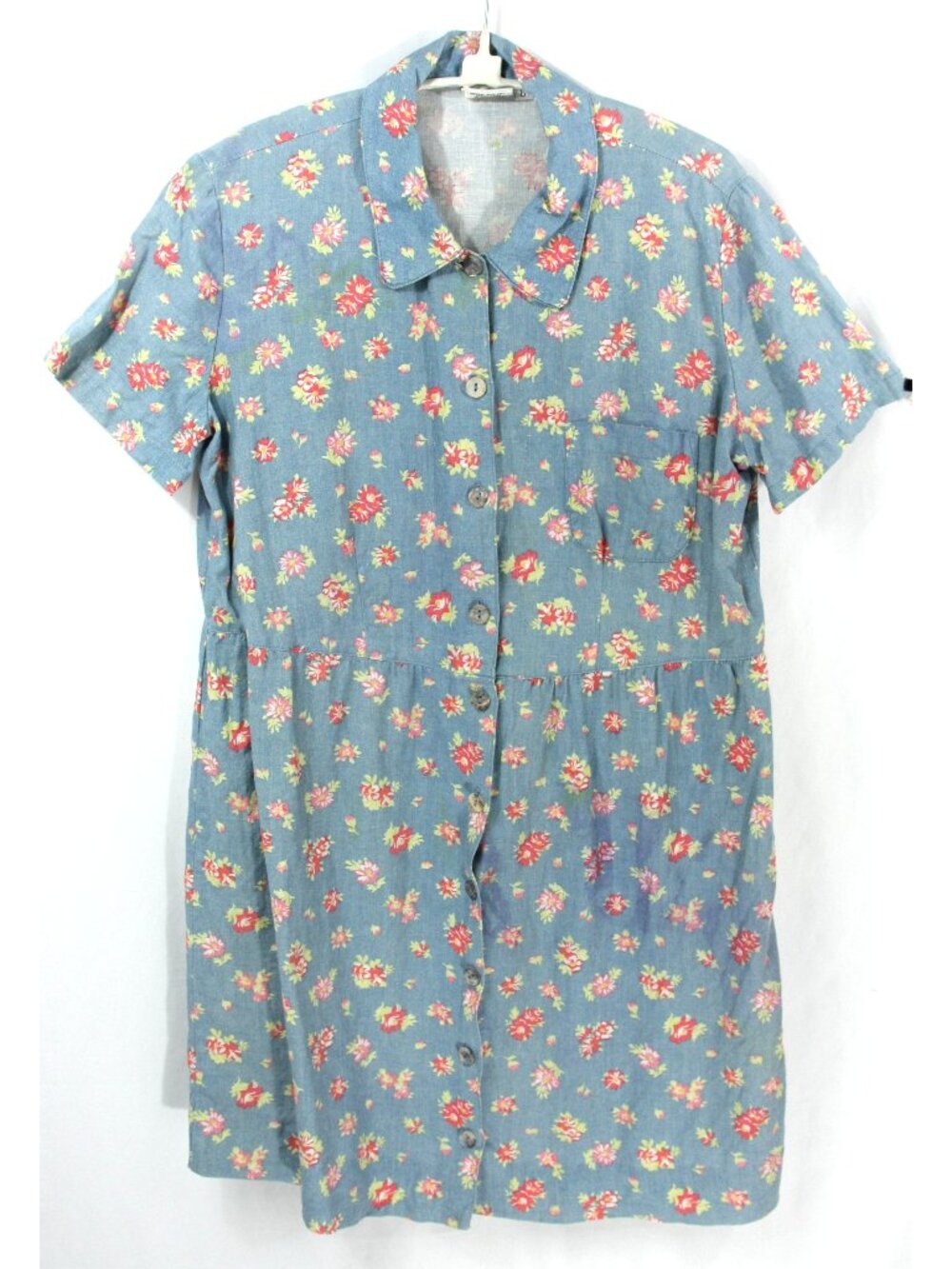 Vintage Match Blue Floral Linen Short Sleeve Mini Dress Grunge Y2K 6 Sm 1990s